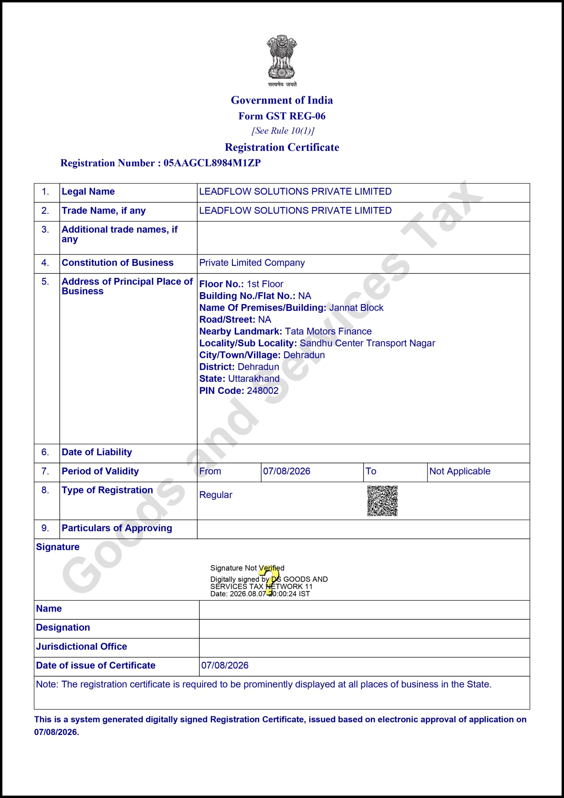 LeadsFlow GST Registration Certificate