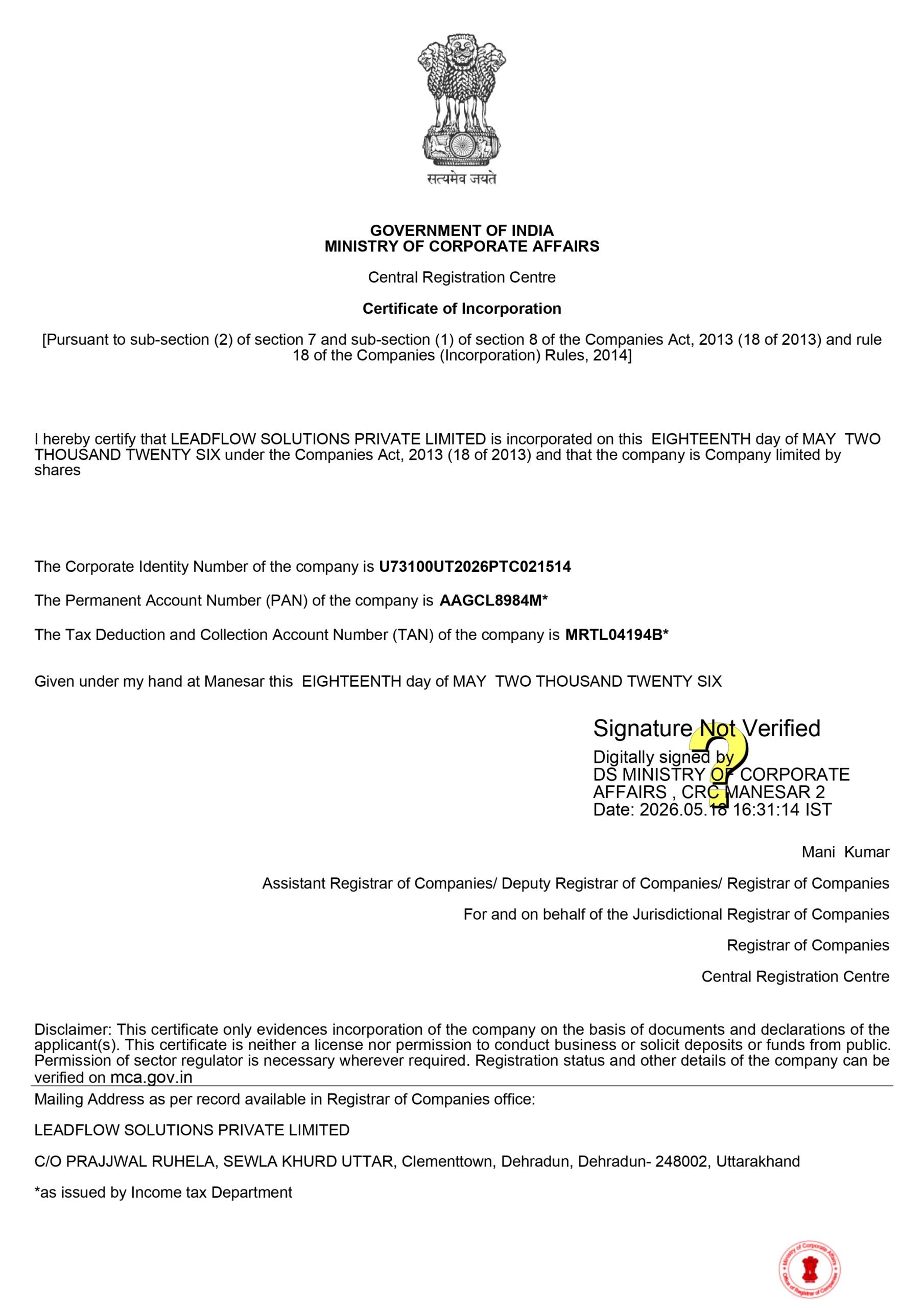 LeadsFlow MCA Certificate